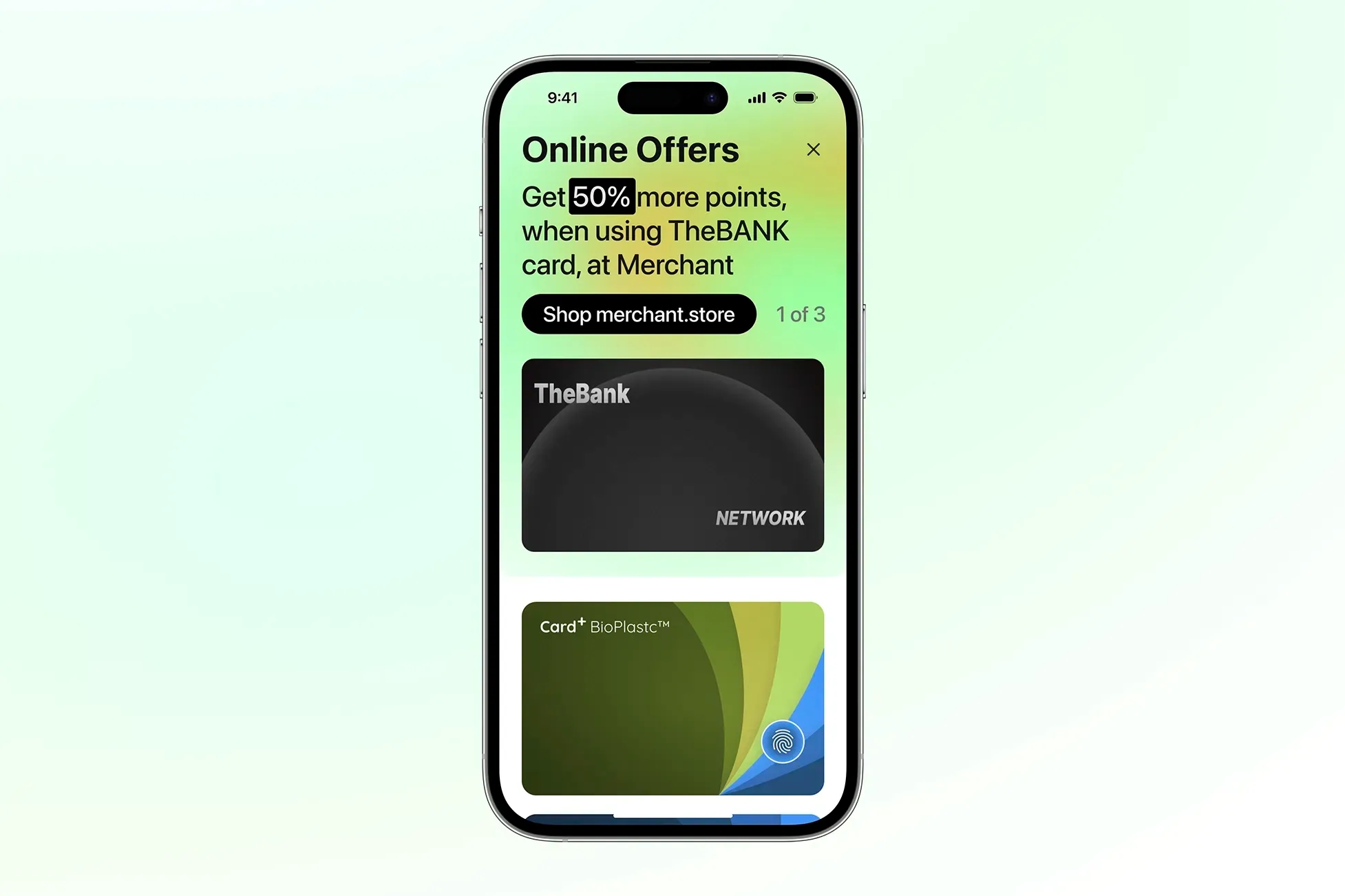 Online discount at a merchant store, via the Card+ App on a SmartPhone